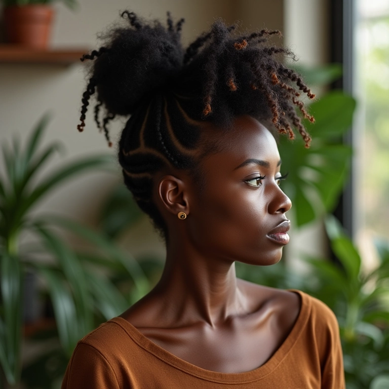 Afro puff com tranças, um toque de sofisticação.