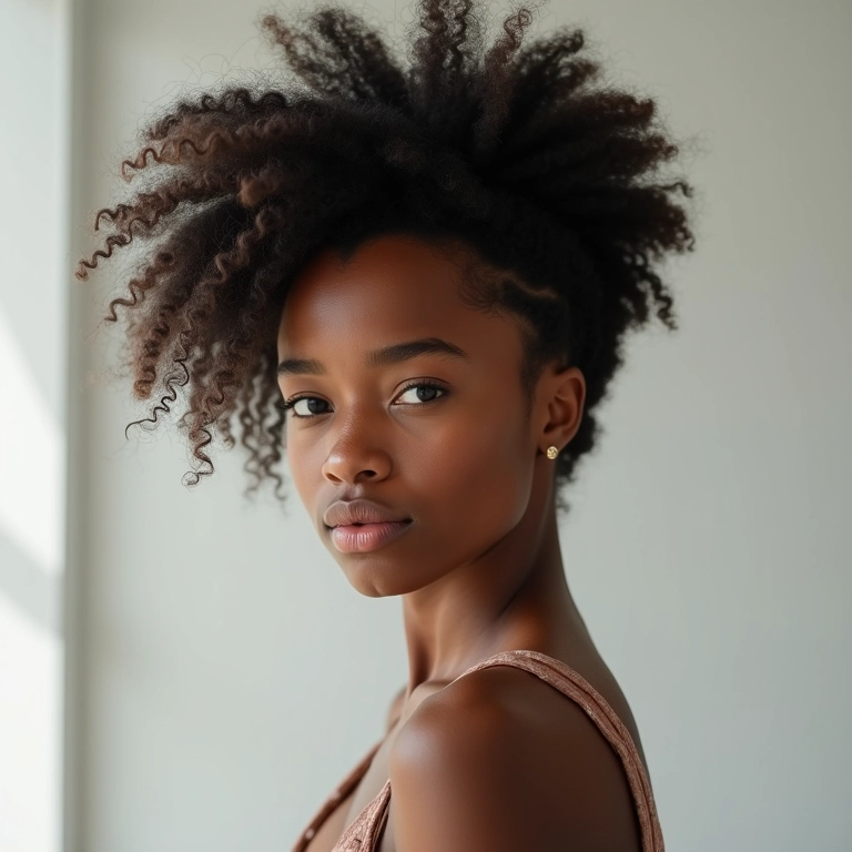 Afro puff lateral, moderno e despojado.