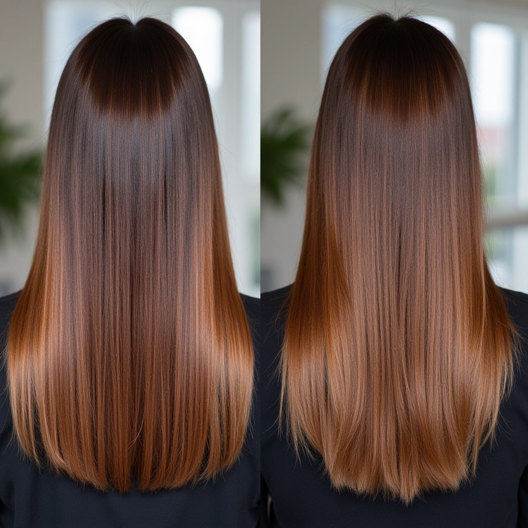 Antes e depois de cabelo modelado com calor, mostrando a durabilidade do protetor.