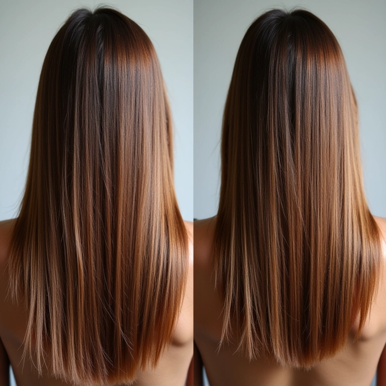 Antes e depois de cabelos danificados sendo restaurados com óleo de argan.