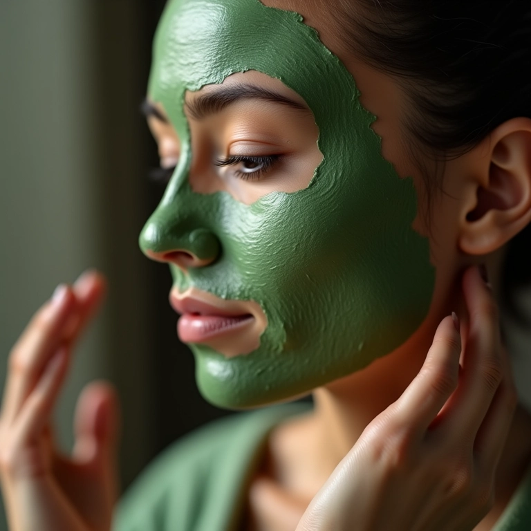 Aplicação de máscara de argila verde no couro cabeludo para desintoxicação.