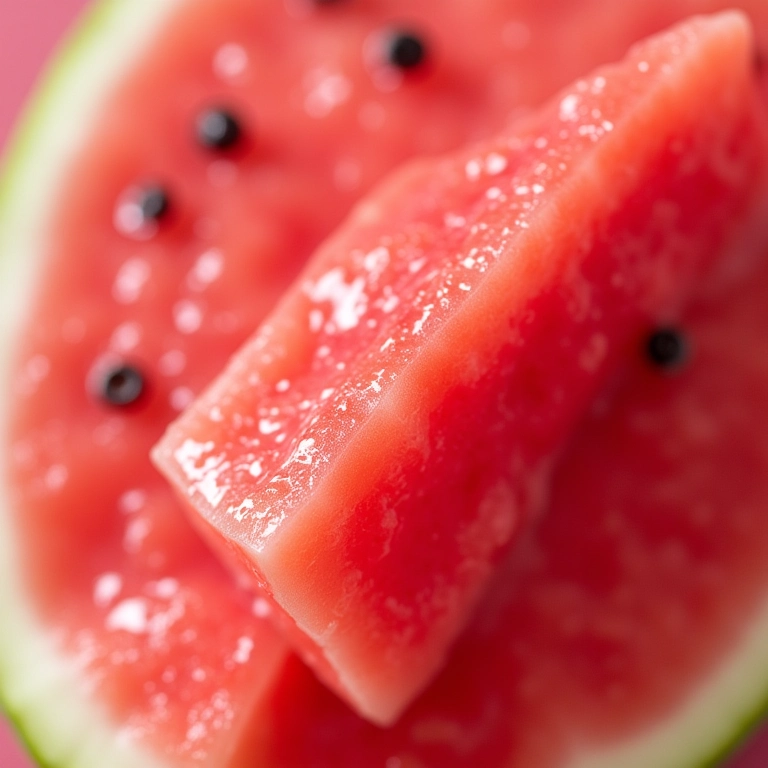 Aplicação de máscara de melancia no cabelo, destacando a cor vibrante e a textura da fruta.