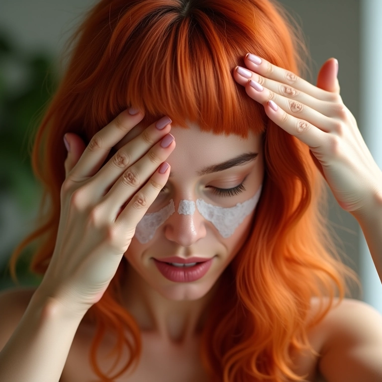Aplicação de máscara hidratante em cabelo vermelho.