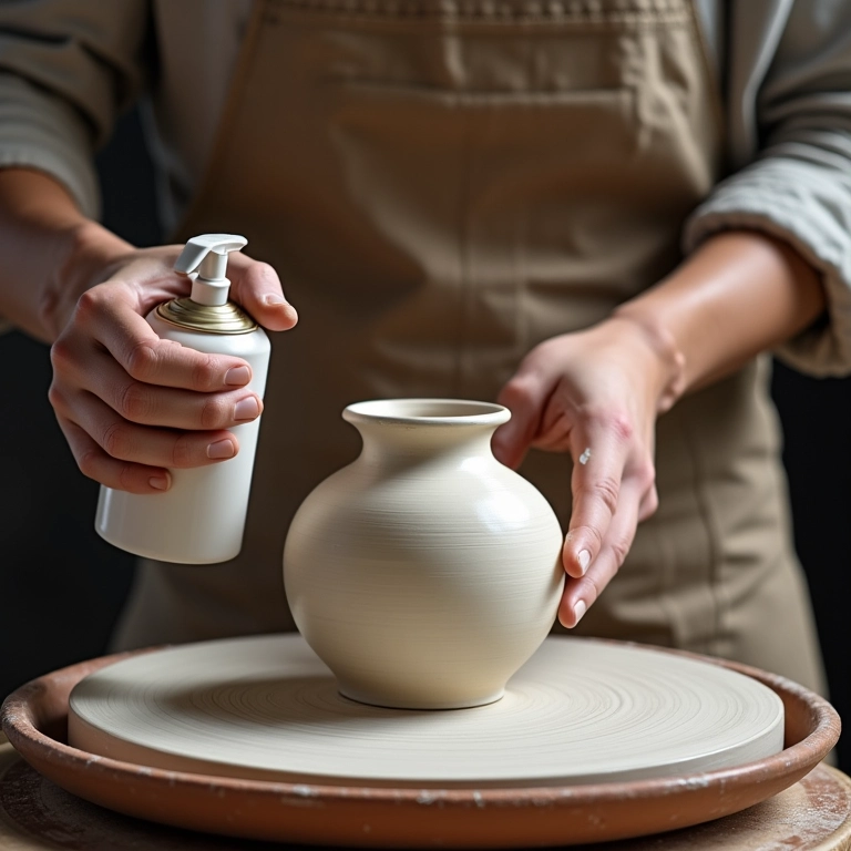 Artesã aplicando spray protetor em vaso de cerâmica.