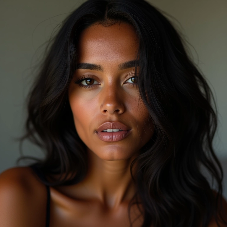 Balayage em cabelo preto com maquiagem natural.