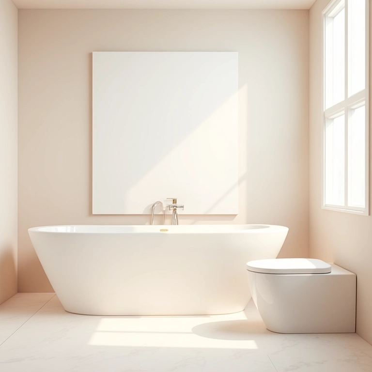 Banheiro com atmosfera relaxante em tons pastel e design minimalista.