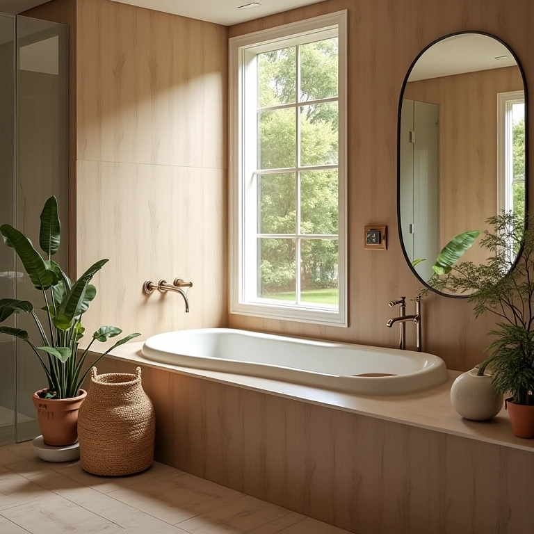 Banheiro com espelhos ampliando o espaço e a luz natural.