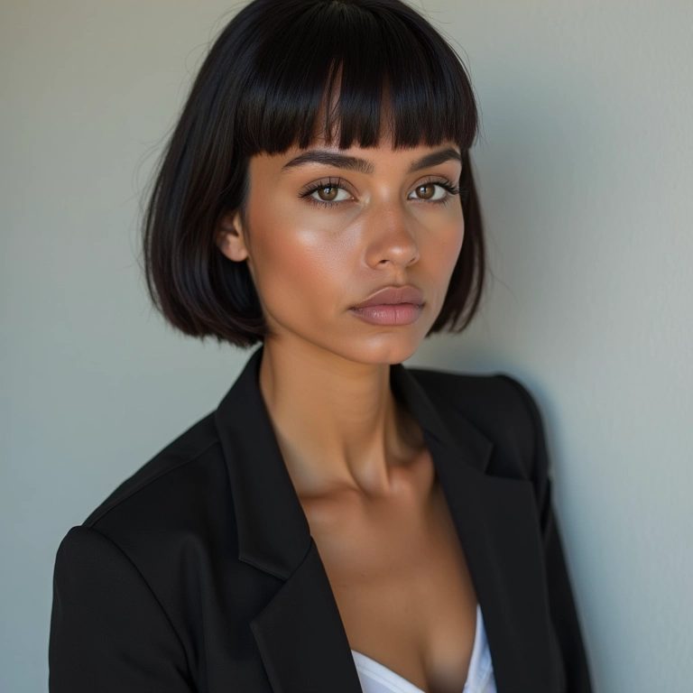 Blunt cut, visual moderno e minimalista em um look contemporâneo.