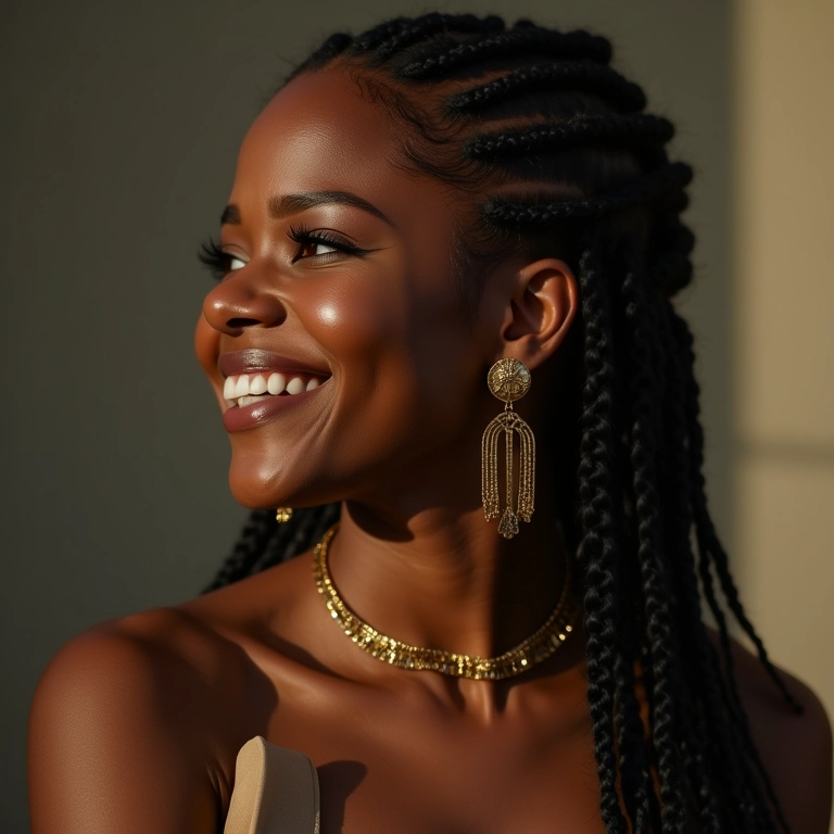 Box braids com acessórios dourados em mulher negra.