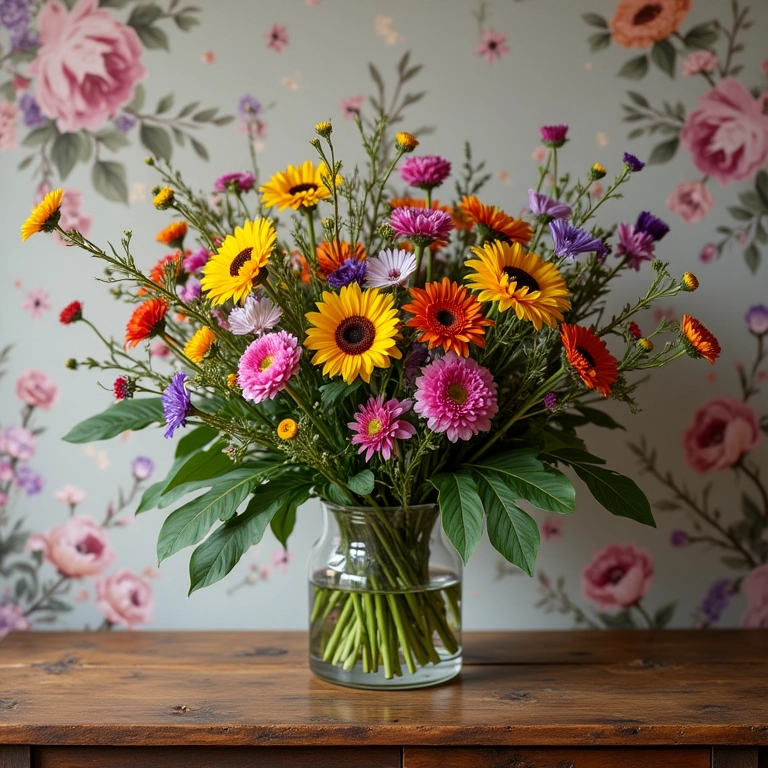 Buquê de flores silvestres em mesa rústica com papel de parede floral.