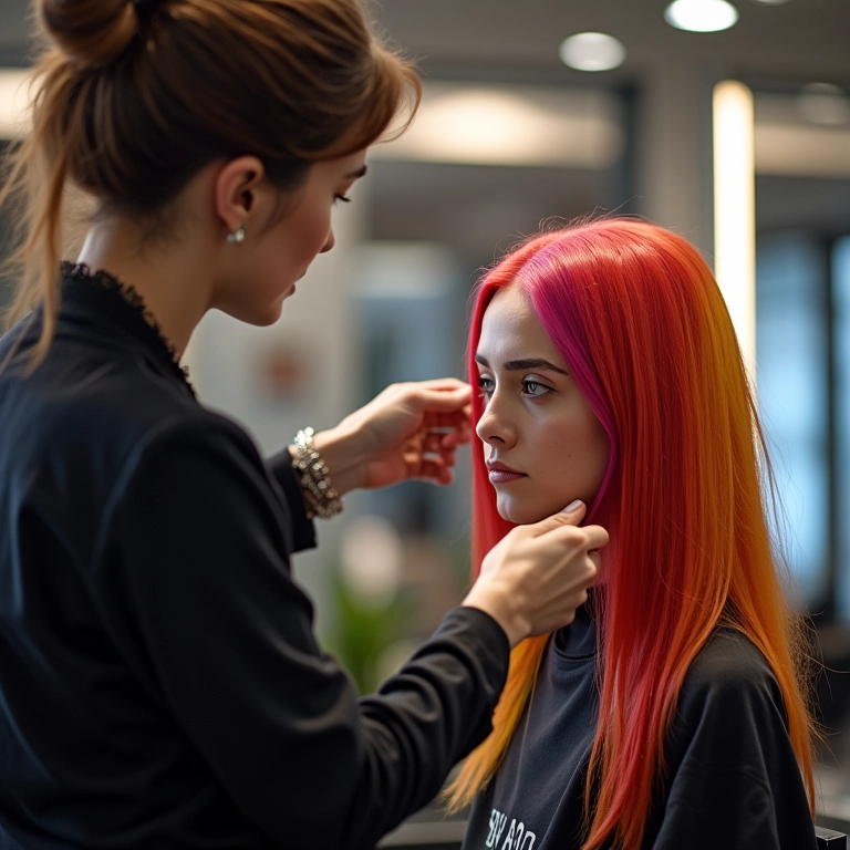 Cabeleireiro aplicando cor vibrante no cabelo da cliente.