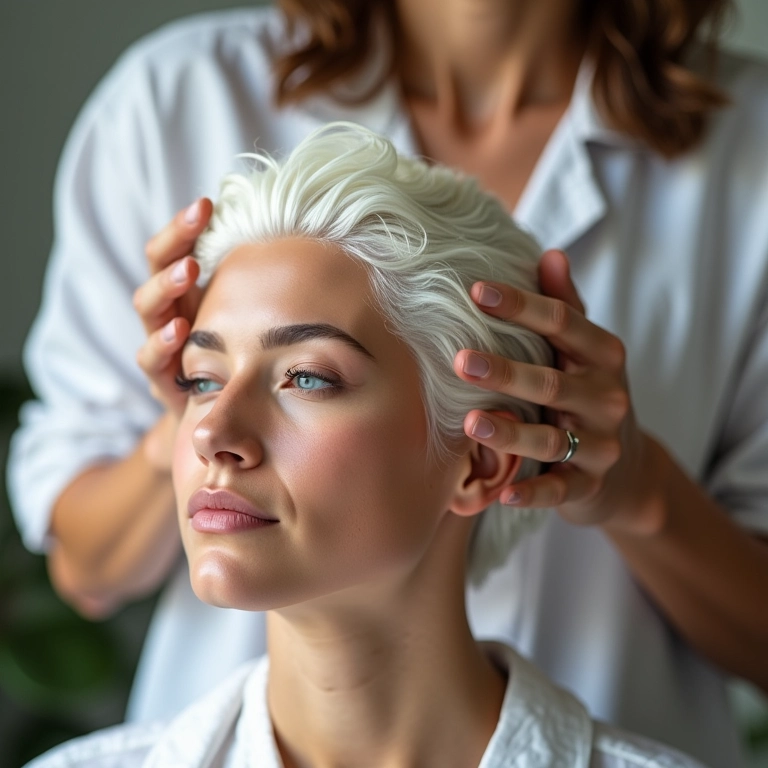 Cabeleireiro aplicando máscara reconstrutora em cabelo descolorido.