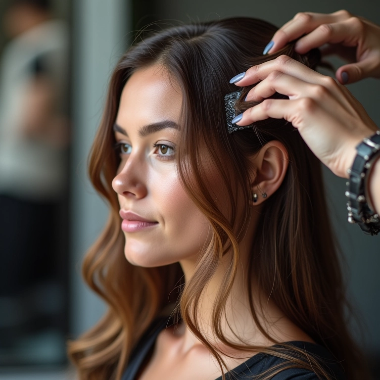 Cabeleireiro aplicando química no cabelo de uma mulher