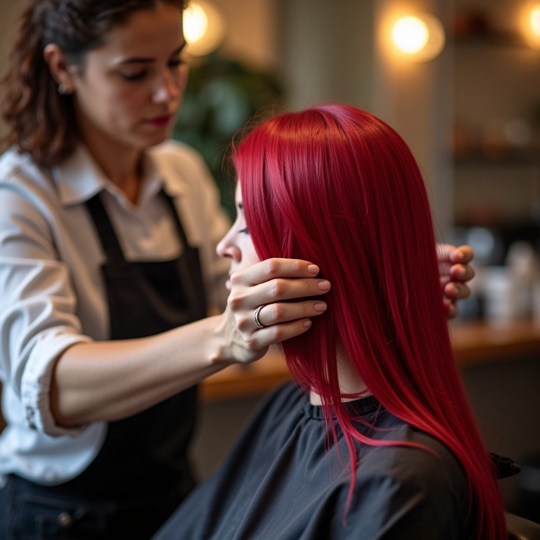 Cabeleireiro aplicando tinta ruivo cereja no cabelo de uma mulher.