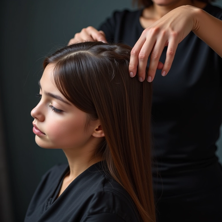 Cabeleireiro aplicando tratamento de reconstrução capilar em cabelo com duas cores.