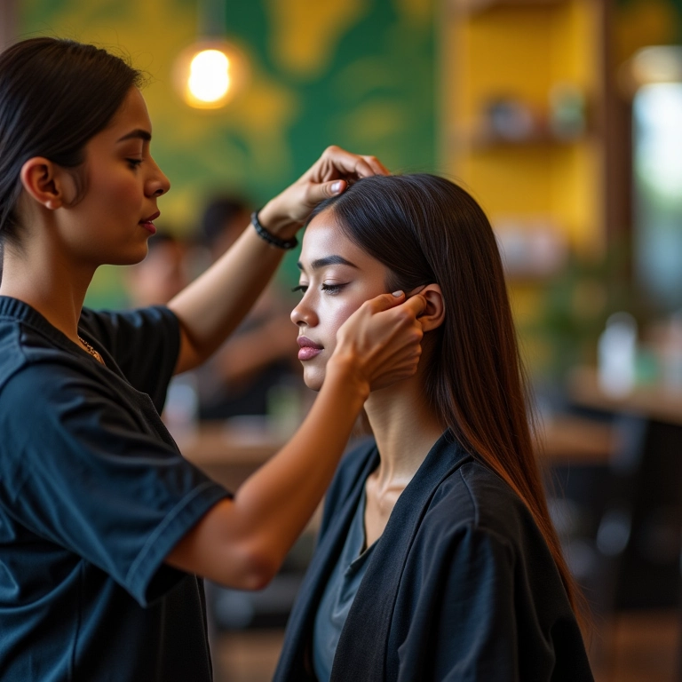 Cabeleireiro aplicando tratamento reconstrutor no cabelo de uma mulher.