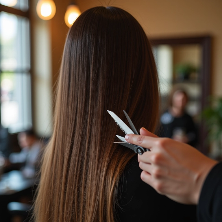 Cabeleireiro cortando as pontas de um cabelo natural longo.