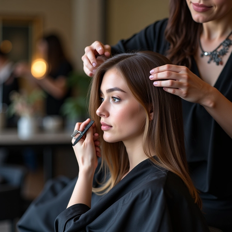 Cabeleireiro cortando as pontas do cabelo de uma mulher em salão.