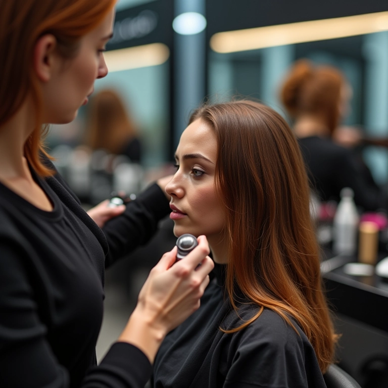 Cabeleireiro profissional usando spray antifrizz em salão de beleza.