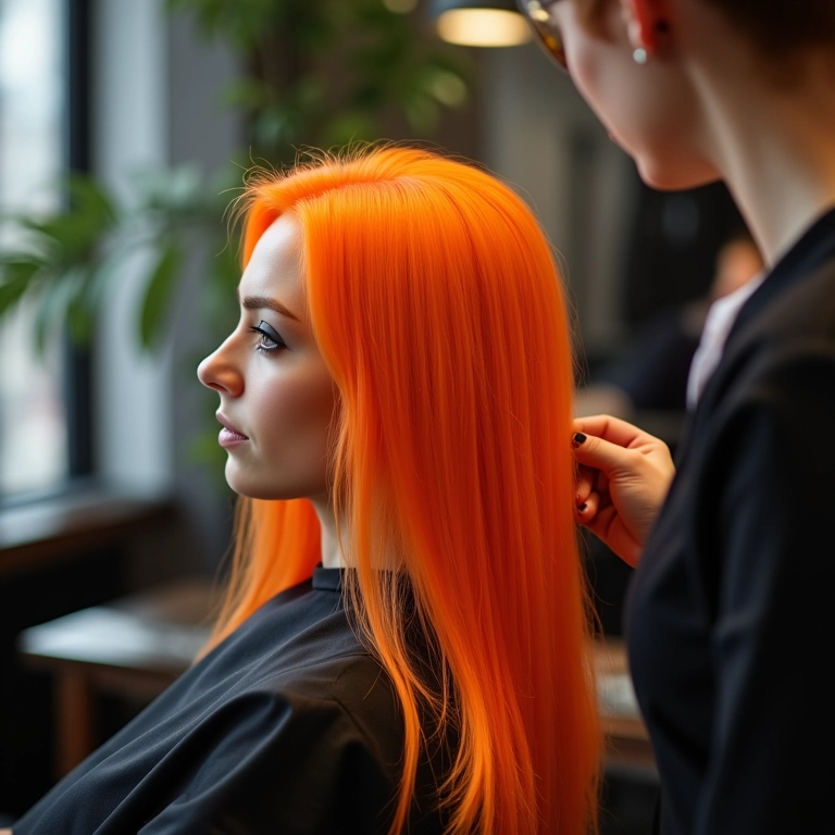 Cabeleireiro tratando cabelo alaranjado em salão de beleza.