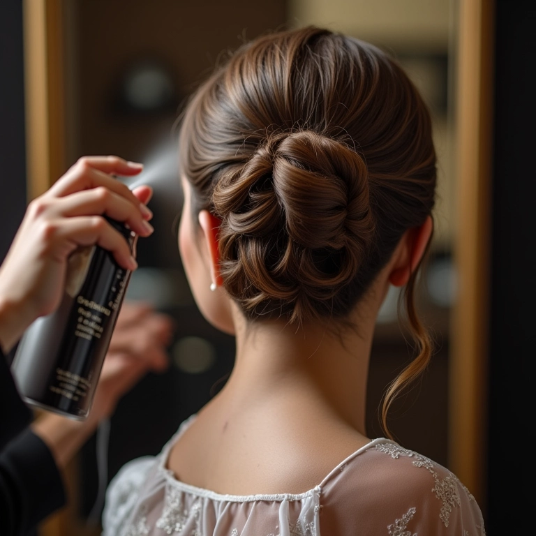 Cabeleireiro usando spray de brilho para finalizar penteado.