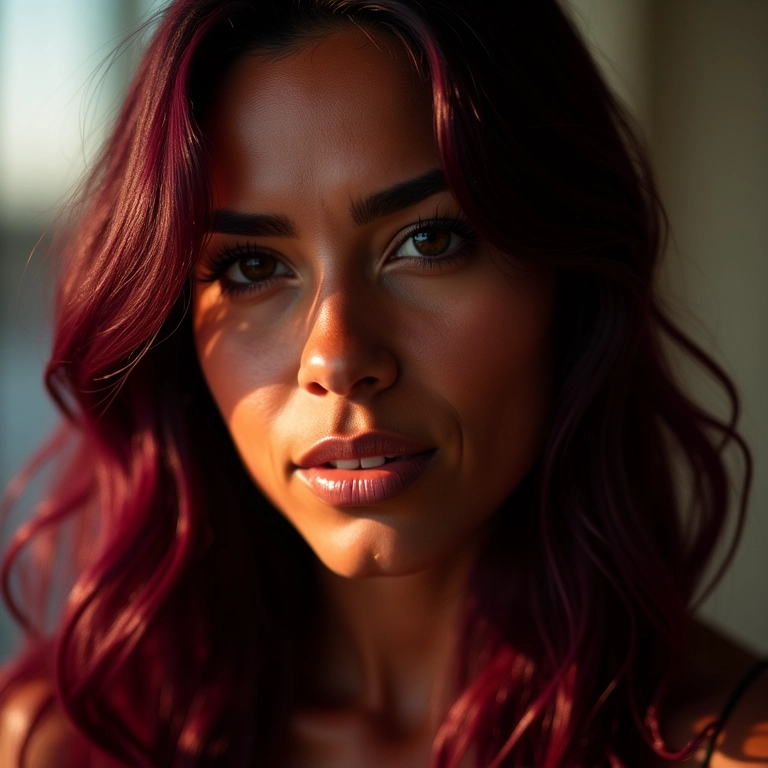 Cabelo borgonha com brilho gloss intenso sob a luz do sol.