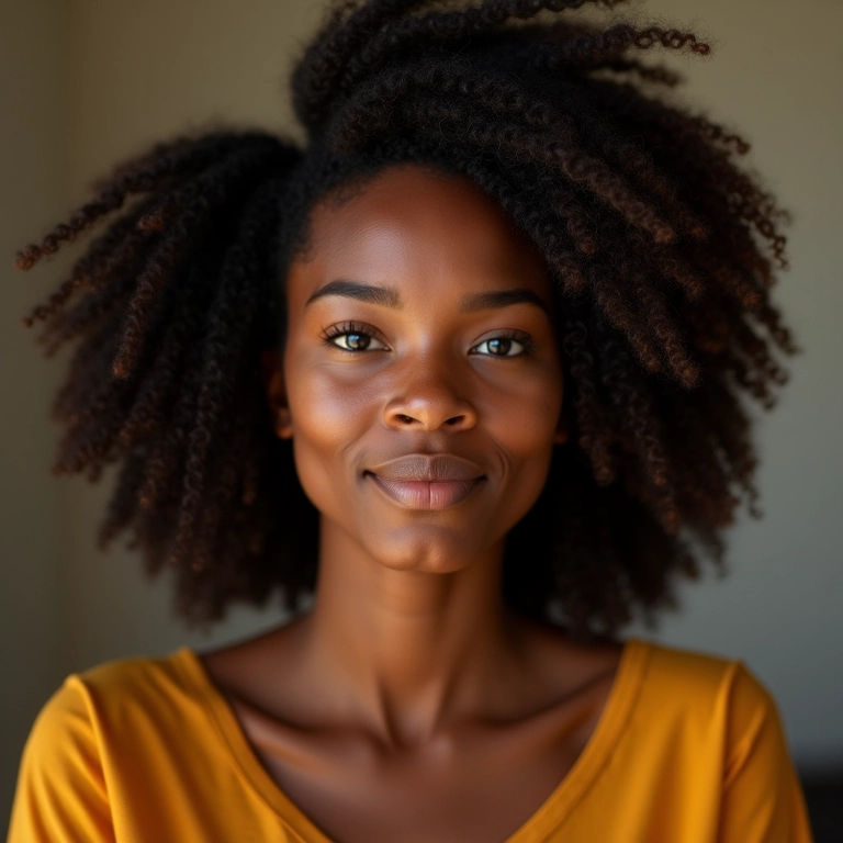 Cabelo brilhante e macio após uso de manteiga de karité, diversos tipos de cabelo.