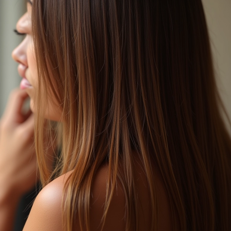 Cabelo brilhante e saudável após aplicação de sérum capilar.