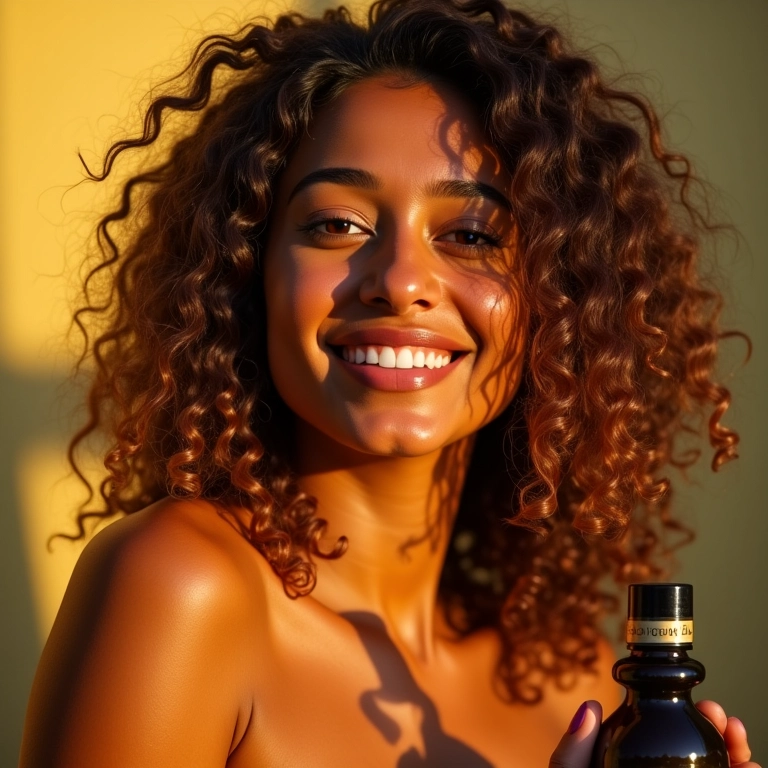 Cabelo brilhante e saudável com óleo de rícino ao fundo.