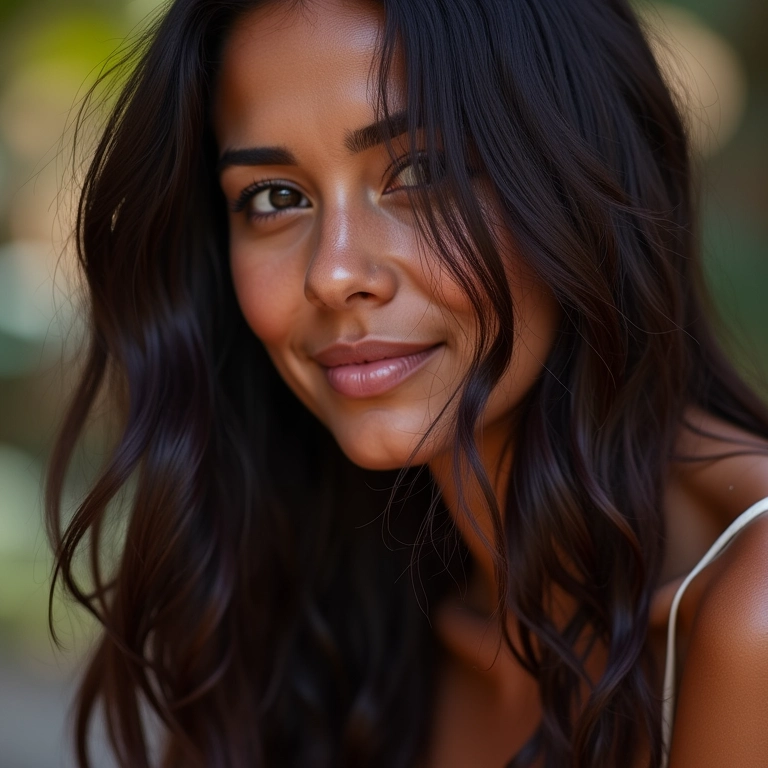 Cabelo brilhante e saudável de mulher brasileira com spray de brilho.