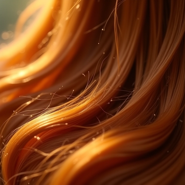 Cabelo brilhante e sedoso refletindo a luz, óleo de argan em segundo plano.