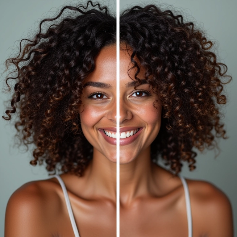 Cabelo cacheado com brilho e hidratação após o co wash (antes e depois).