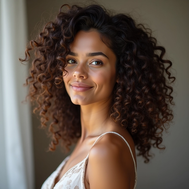 Cabelo cacheado com corte bem definido, mostrando a importância do corte para o 'day after'.