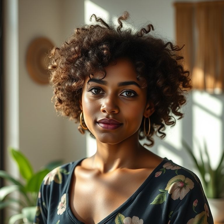 Cabelo cacheado com corte em camadas e finalização volumosa.