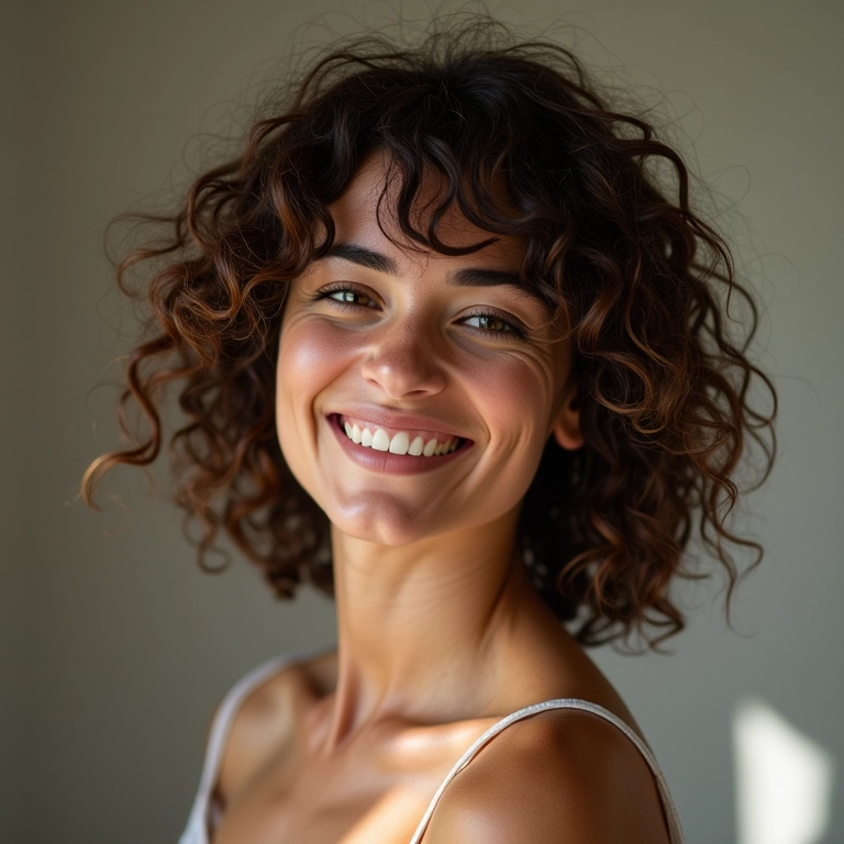 Cabelo cacheado com corte em camadas.