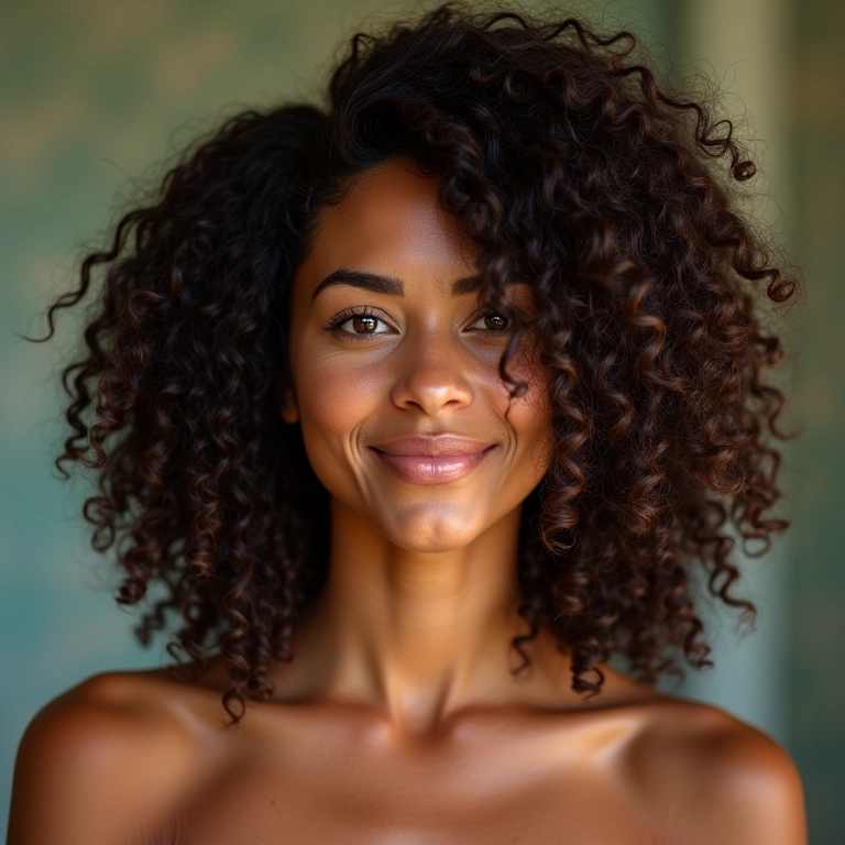 Cabelo cacheado com corte em V definido e volumoso.