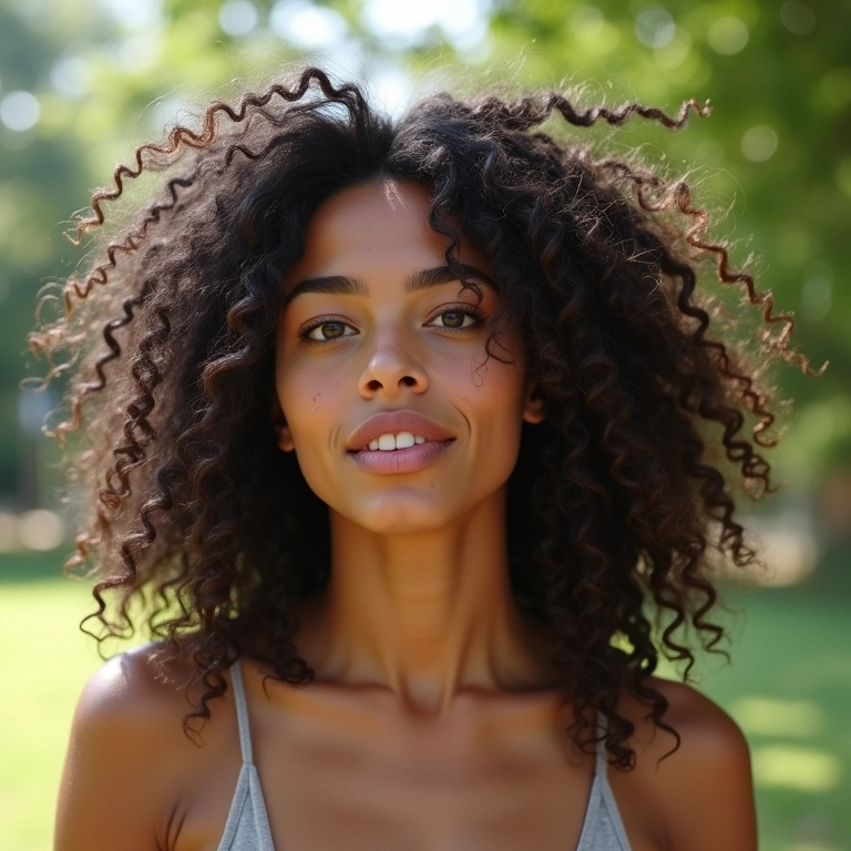 Cabelo cacheado com frizz devido à umidade do ar, mostrando como lidar com essa situação.