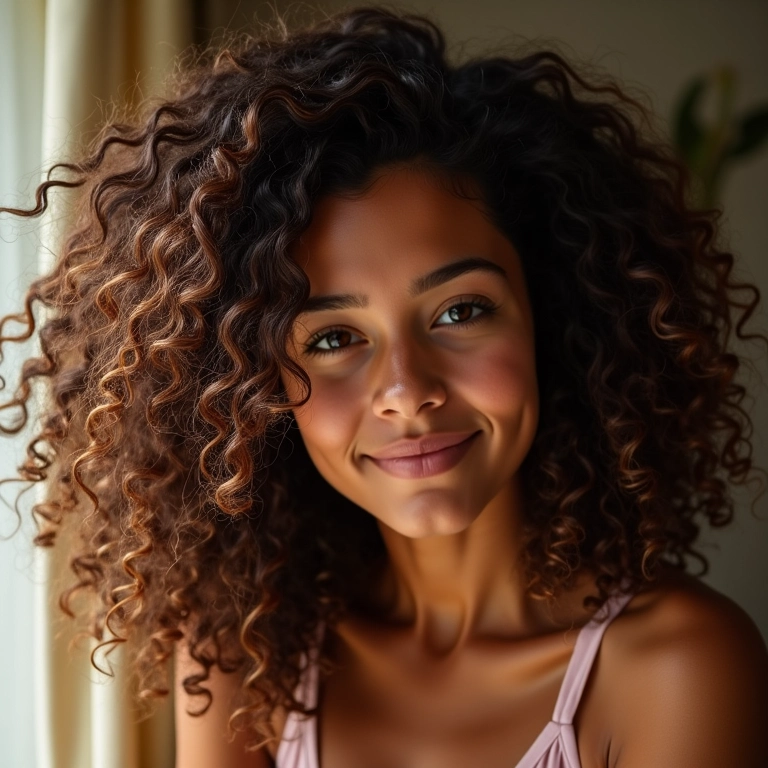 Cabelo cacheado com textura definida e volume, realçado por mousse.