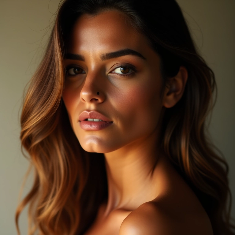 Cabelo caramelo com mechas sutis e iluminação suave.