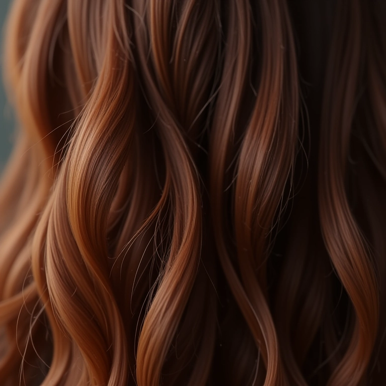 Cabelo castanho brilhante com óleo reparador, reflexos de luz natural.