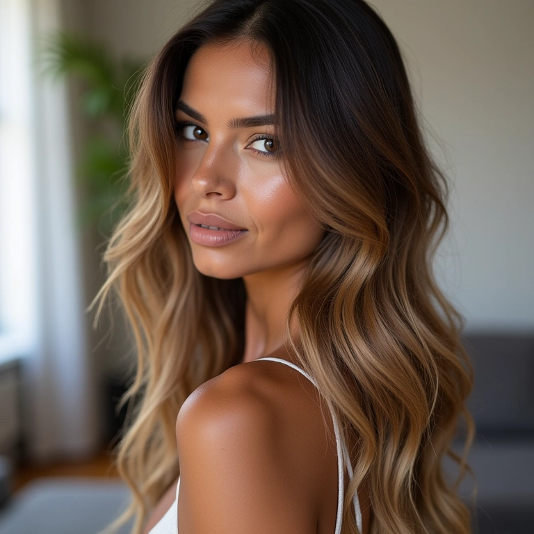 Cabelo castanho com balayage loiro caramelo em ambiente aconchegante.