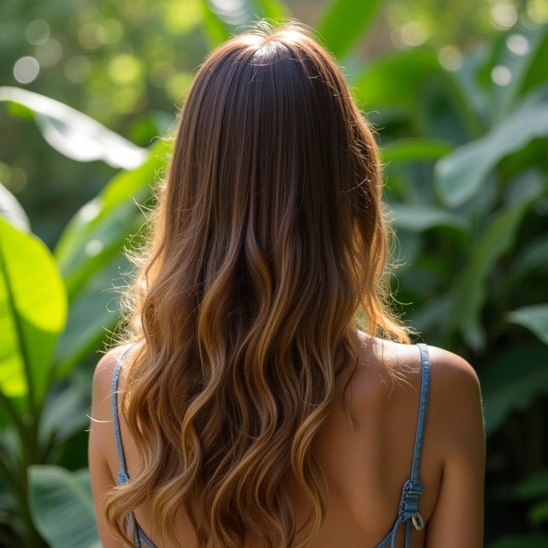 Cabelo com camadas invisíveis em jardim brasileiro.