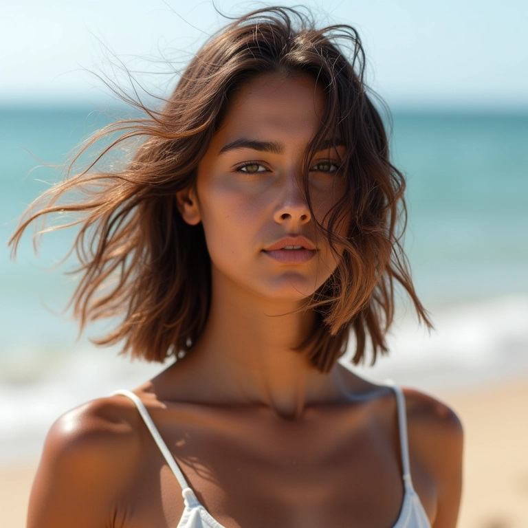 Cabelo com camadas, movimento e leveza em um cenário de praia.