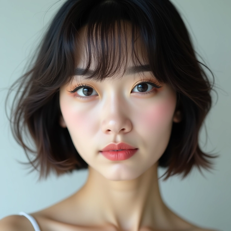 Cabelo com franja e corte em camadas curtas.