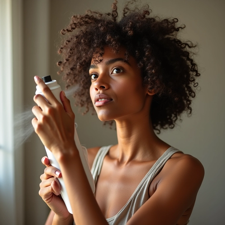 Cabelo com frizz sendo protegido com spray térmico.