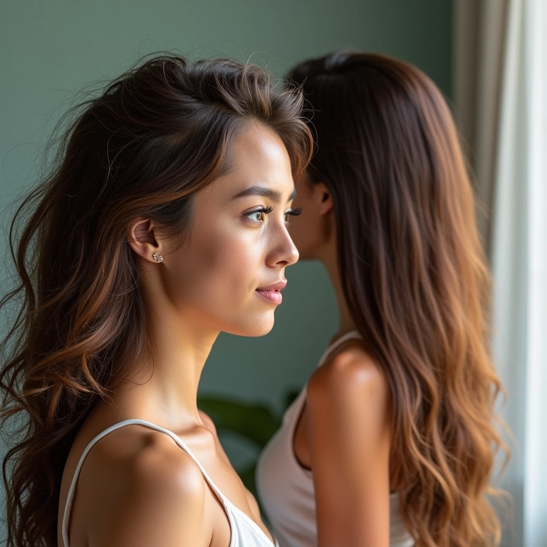 Cabelo com frizz sendo transformado em cabelo liso e hidratado após umectação.