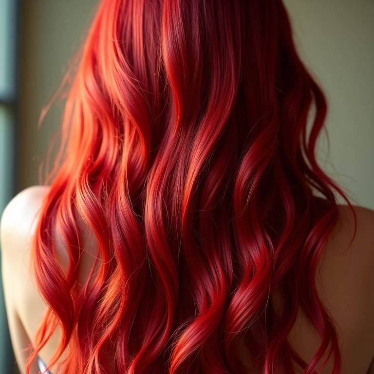 Cabelo com henna vibrante e bem cuidado, foco na cor e brilho saudável.