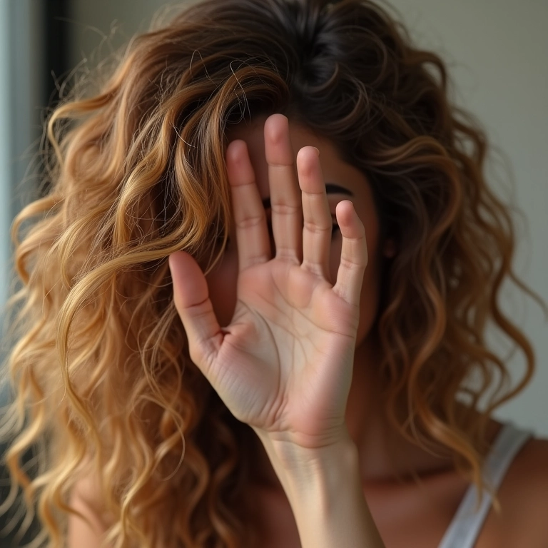 Cabelo com luzes áspero ao toque sendo sentido por uma mulher.