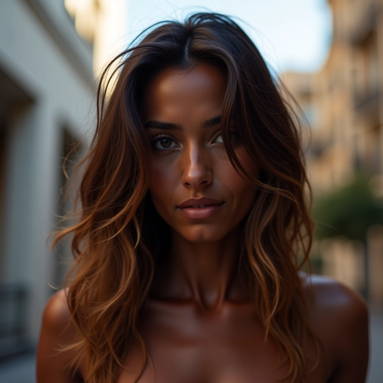 Cabelo com mechas loiro caramelo em pele negra em cenário urbano.