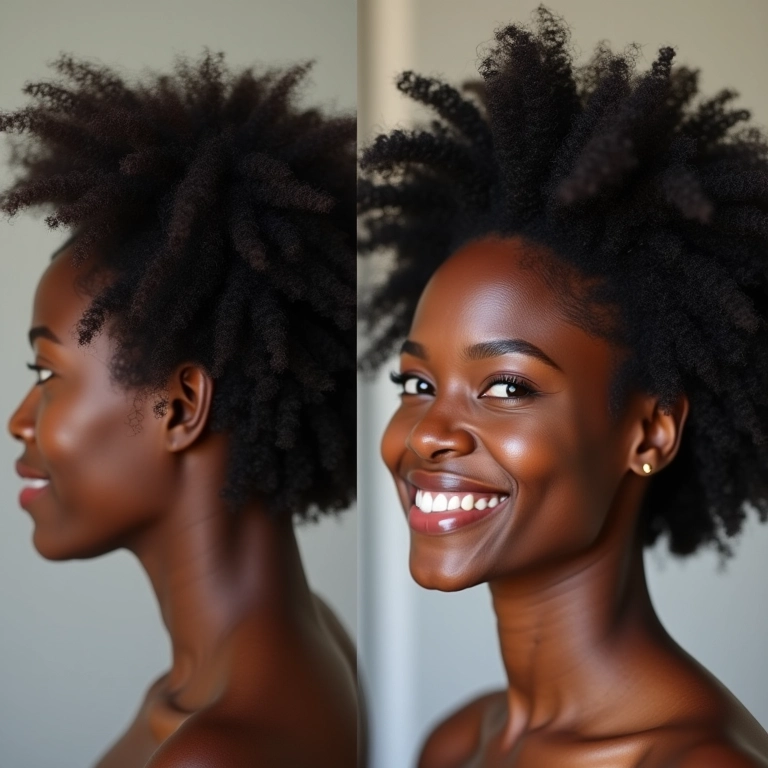 Cabelo crespo sendo transformado com silk press: antes e depois.